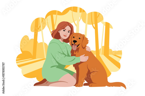A woman kneeling down and hugging a golden retriever dog in a park with trees in the background.