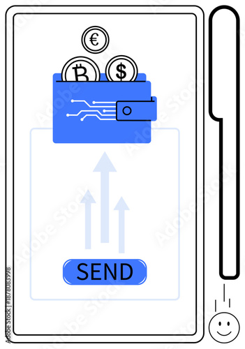 Digital wallet concept. Digital wallet for cryptocurrencies and fiat money. Digital wallet ensures secure money transfer. Ideal for fintech, blockchain, e-commerce, digital payments, finance apps