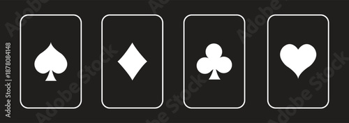 Heart, spade, club, and diamond. Icons of playing card suits in a sleek, modern geometric style. A set of vector card symbols.