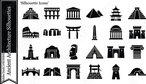 Ancient Architecture Silhouette Vector Set - Pyramids, Colosseum, Temples, and Historic Landmark Icons
