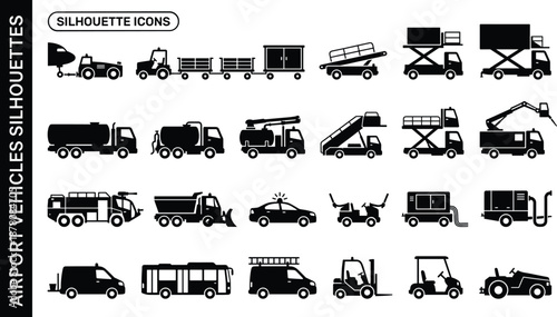 Airport Ground Support Vehicle Silhouettes - Baggage Truck, Fuel Tanker, Stair Car, and Tug Icons
