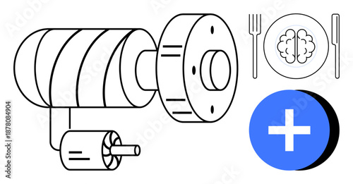 Technology concept. Technology ed by machine and medical symbols thumbs up a brain and health cross. Technology integration with innovation and health. Topics include medicine, engineering
