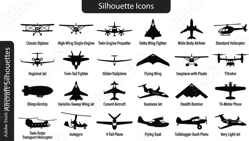 Aircraft Silhouette Vector Set - Airplane, Jet, Helicopter, Fighter, and Drone Flight Icons
