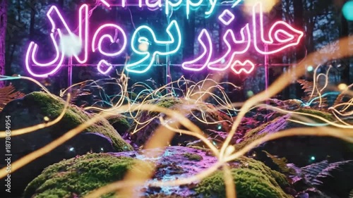 Vibrant Happy Nowruz greeting with neon lights and colorful streamers, festive celebration animation