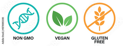 Healthy Food Certification Labels with Black Text, Non GMO Vegan and Gluten Free Icons for Product Packaging, Natural Organic Ingredient Symbols, Dietary Restriction Vector Signs on White