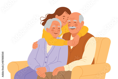 A young girl hugging her elderly grandparents on a couch