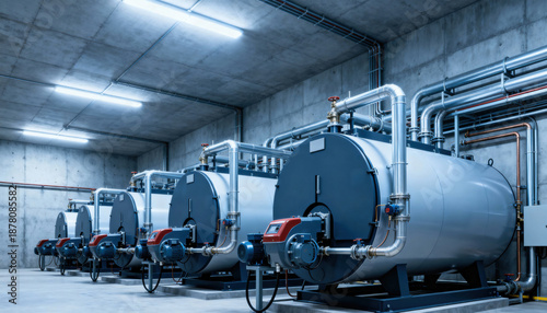 A modern gas boiler room interior in light tones with diagonal cylindrical boilers, steel pipes, and pumps for industrial facility design and corporate advertising
