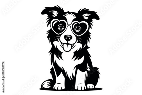 A cute dog wearing heart-shaped sunglasses and sitting on a plain background