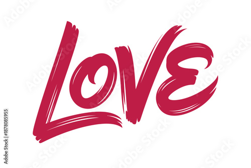 A stylized illustration of the word 'love' in red brush script on a white background