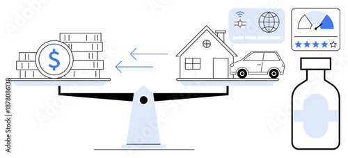 Financial balance concept. A balanced scale money and assets financial decisions and planning. Financial balance is vital for budgeting, loans, and investments. Useful for finance, investments