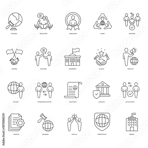 Diplomacy and international relations concept icon set,