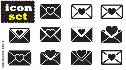 Envelope with Heart icon Set, Envelope with Heart solid vector