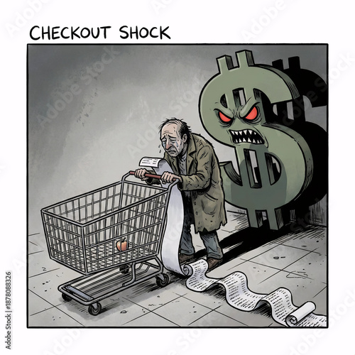 Inflation shock concept with sad consumer pushing cart facing angry dollar sign monster and long receipt