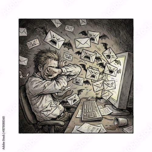 Email overload concept with exhausted man shielding himself from flock of angry envelope bats from screen