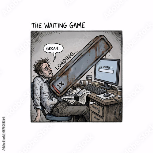 Slow internet concept with frustrated office worker crushed by giant rusty loading progress bar