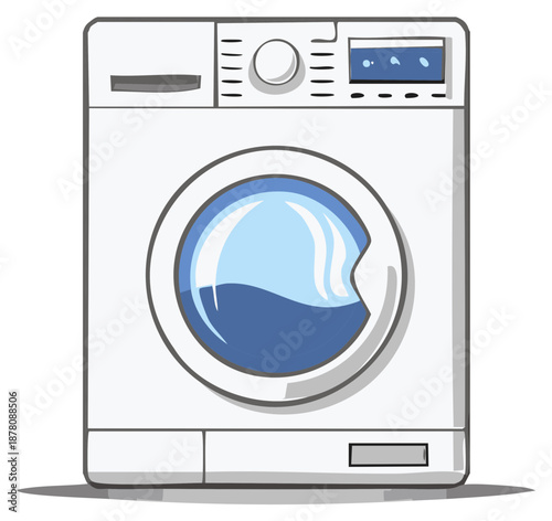 Clean graphic rendering of a white front load washing machine with visible blue water inside the drum ready for laundry chores