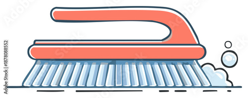 Cartoon illustration of a cleaning brush with bubbles, cleaning tools