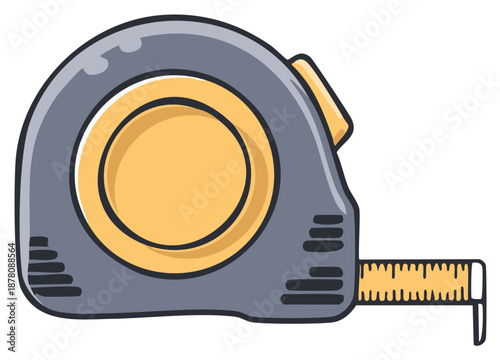 Grey cartoon tape measure with yellow details and extended measuring tape for carpentry