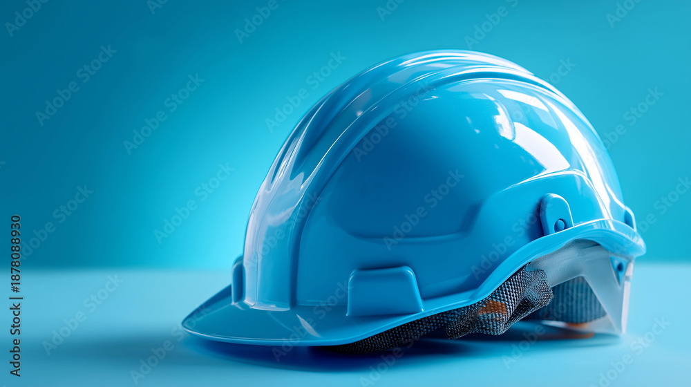 Fototapeta premium Light blue hard hat display, matching blue background visualization, construction headwear concept, industrial safety representation, color-coordinated PPE aesthetic, with copy space