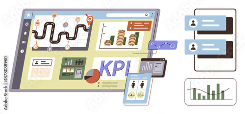 Business analytics, performance monitoring, financial planning, data visualization, project management, strategic insights. Dashboard with KPI metrics, graphs and user interface elements. Business