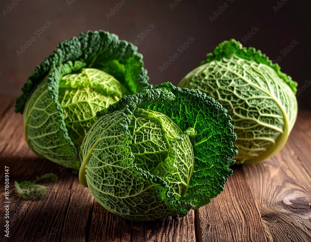 Fototapeta premium Choux verts déposées sur un plateau en bois dans une cuisine rustique. Generated Image. 