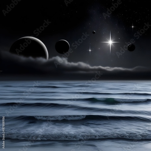 Minimalist black natural elements wallpaper featuring subtle ocean waves or celestial night forms on a deep black background, creating a calm, mysterious, and atmospheric abstract scene