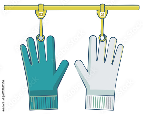 Cartoon Rubber Gloves Hanging on Rack Ready For Cleaning Or Household Chores