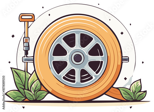 Stylized cartoon illustration of an orange garden hose on a portable reel for watering and yard work