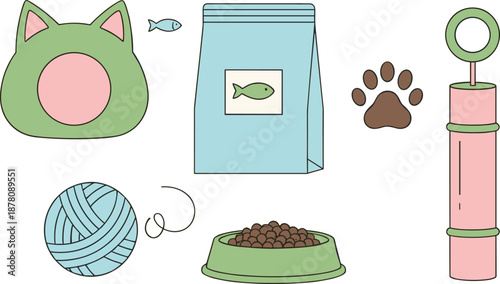 Cute cartoon cat care items set including food bowl, toys, scratching post, and accessories for pet shop vector illustrations