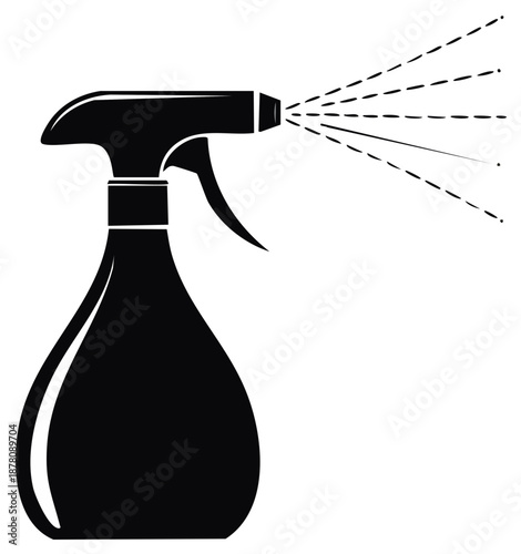 Black Spray Bottle Vector Illustration. Spraying liquid. Mist action isolated against a white background. Cleaning fluid and disinfectant concept