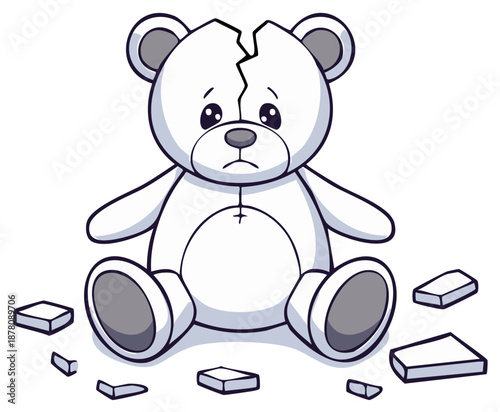 Cartoon illustration of a sad broken teddy bear with cracked head and pieces