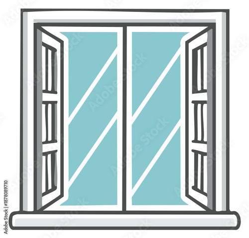 Open Window Illustration with White Frame and Blue Glass Panes Light Graphic