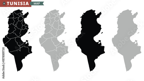 Map of Tunisia. Black and gray detailed political map. Vector illustration.