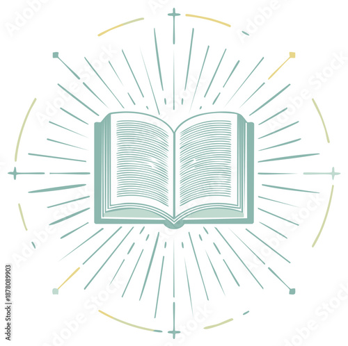 Vintage open book with glowing sunburst rays symbolizing knowledge and wisdom
