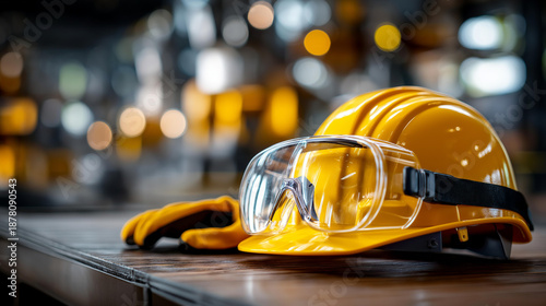 Work safety gear arrangement photo, PPE display visualization, industrial equipment concept, workplace protection representation, safety aesthetic symbolism, with copy space