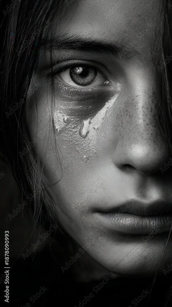 Fototapeta premium Extreme close up black and white portrait capturing the raw emotion of a single tear rolling down a young person's cheek in deep sorrow