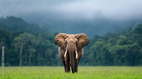 Majestic Elephant Standing in Lush Green Field Against Dramatic Sky