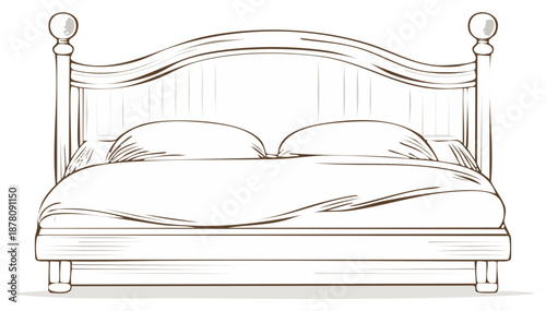 Elegant wooden double bed with headboard and soft bedding illustration design
