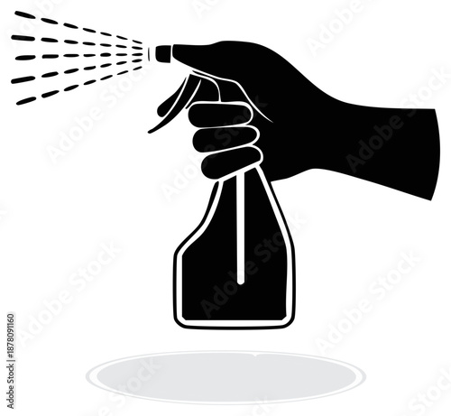 Hand spraying liquid from trigger bottle, cleaning, sanitizing, and disinfection concept illustration