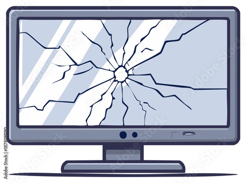Cracked Computer Monitor Screen Illustration Cartoon Style Damaged Display