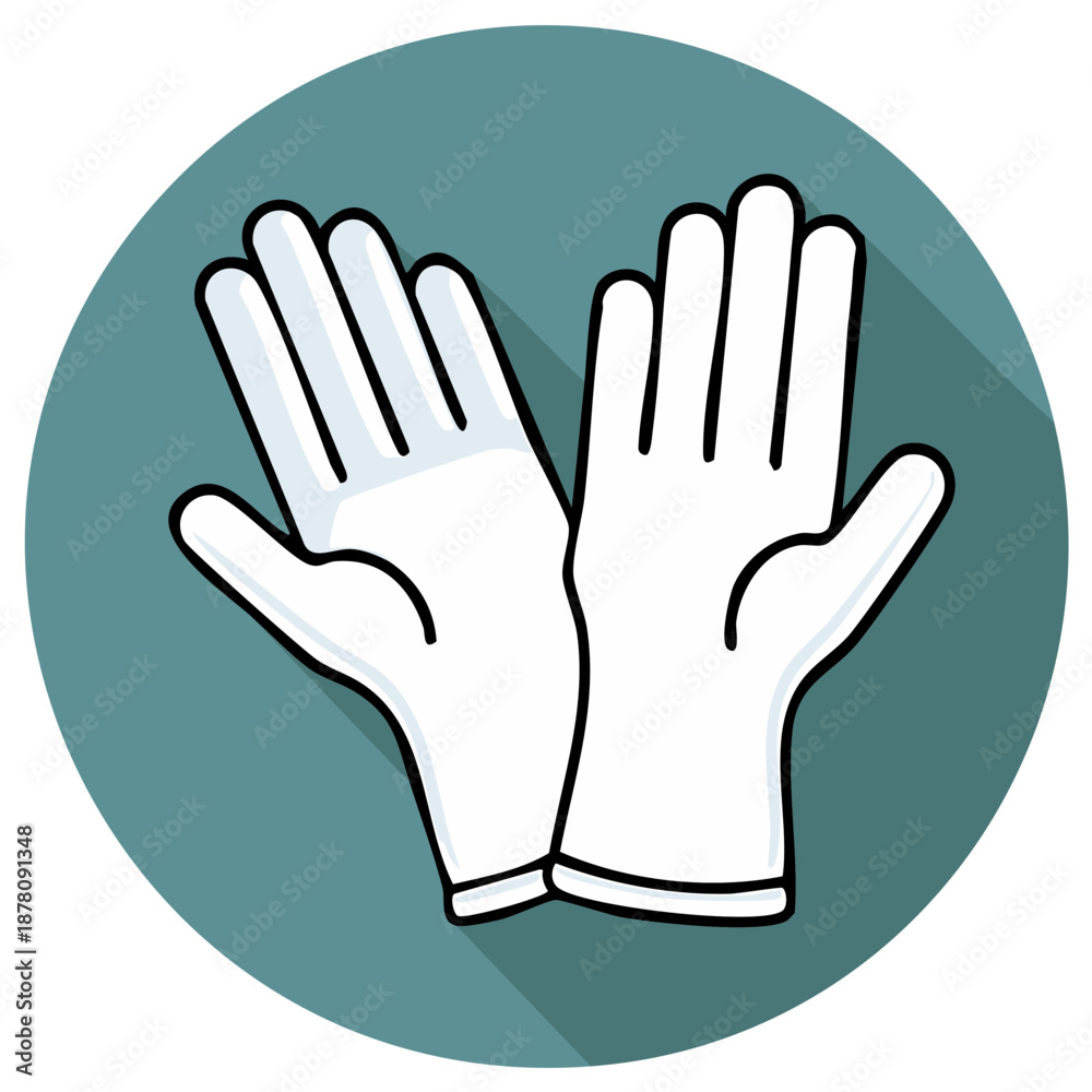 Obraz premium Pair of white cartoon gloves with long shadows inside a teal circle icon