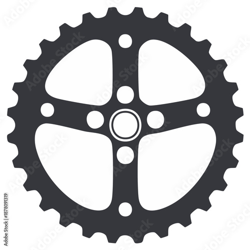 Black bicycle gear sprocket icon. Simple bike chainring vector part illustration.