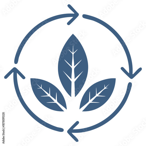 Circular arrows surrounding three green leaves symbolizing sustainability and ecological balance