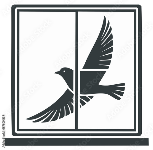 Bird Soaring Through Window Frame Monochrome Graphic Illustration Icon