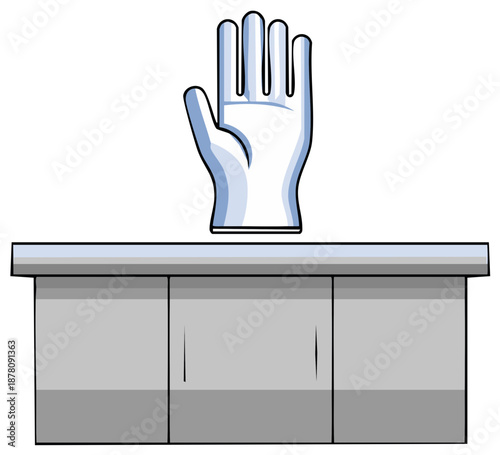 White protective glove standing on a grey counter for hygiene safety and medical care illustration
