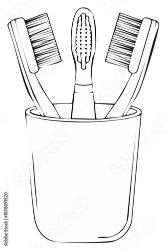 Black and white outline illustration of three toothbrushes in a cup for dental hygiene