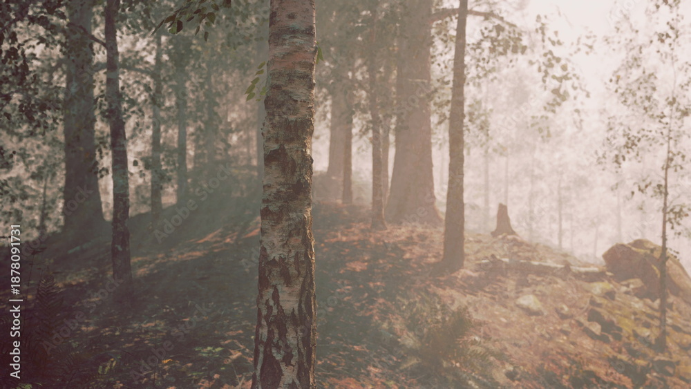 Obraz premium A serene forest glows softly in the early morning light, revealing tall trees and gentle shadows. Mist drifts, creating an ethereal atmosphere filled with tranquility and wonder.