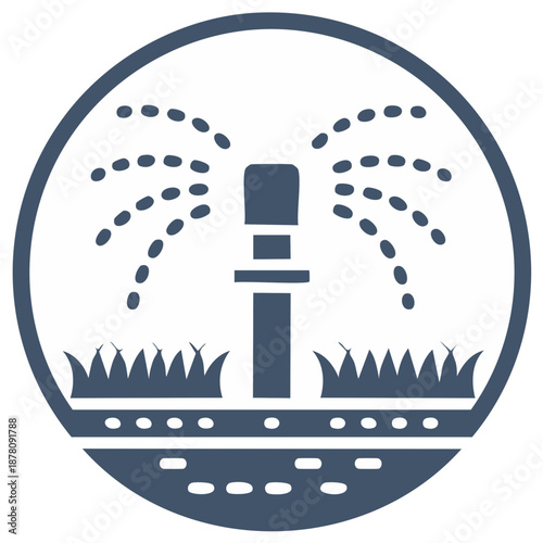 Sprinkler System Icon in Circle with Water Sprays Above Grass and Soil, Lawn Irrigation Technology Logo
