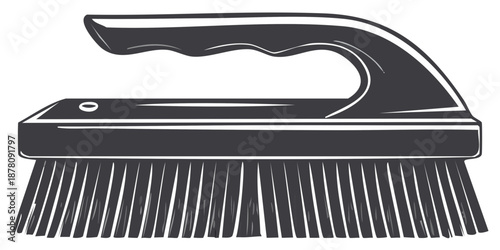 Simple illustration of a dark gray cleaning brush with a curved handle and stiff bristles