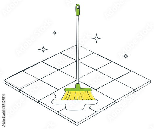 A simple drawing of a broom cleaning a tiled floor with sparkly highlights